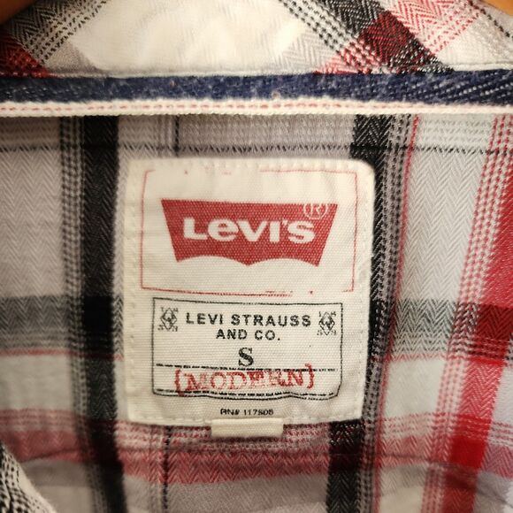 Levi’s Red Black White Plaid Flannel Pearl Snap Western Shirt Small - Picture 2 of 3